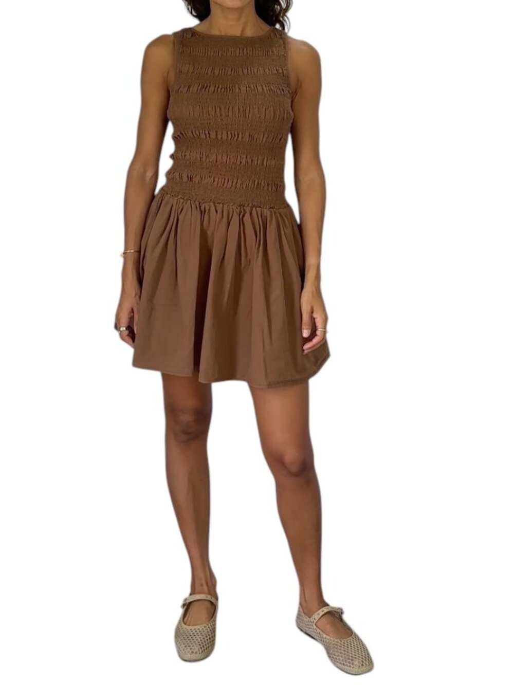 White Closet Elements Brown Taupe Smocked Drop Waist Dress Sleeveless Cotton Siz